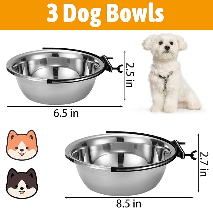 kathson Dog Kennel Bowls for Crates, 3 Pcs Stainless Steel Pet Food Water Bowls with Clamp Holder Hanging Metal Puppy Feeding Dish Cage Coop Cup for Cat Rabbit Ferret Bird (8.5 * 2.7in)
