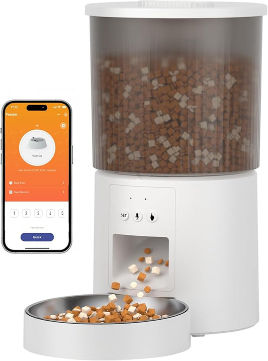 Automatic Cat Feeder, 2.4GHz WiFi Automatic Dog Food Dispenser, Fresh Protection, 4.5L Timer Feeder, Personalized Recording 10 Seconds, Easy to Clean, Stainless Steel Bowl (Single/White)