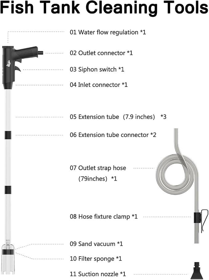 AQQA 4-in-1 Aquarium Gravel Cleaner, Adjustable Flow Fish Tank Vacuum | Multi-use for Water Changing, Gravel Sand Cleaning, Dirty Sucking, Ergonomic Design for Daily Fish Tank Maintenance