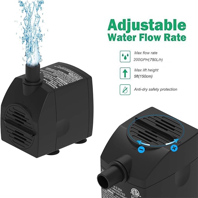 Submersible Water Pump 6.1ft Power Cord Ultra Quiet Pump with Dry Burning Protection 200GPH for Fountains, Hydroponics, Ponds, Statuary, Aquariums - More …