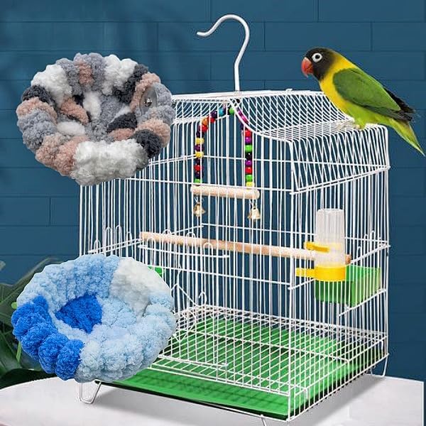 2 Pack Warm Bird Nest Bed for Cage Plush Hanging Parrot Bed Bird Snuggle Hut Hanging Sleeping Bird House for Parakeet, Conure, Budgie, Cockatiel, Lovebird, Finch, Hamster-Grey&Blue