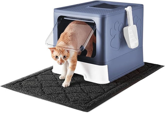 Medario Cat Litter Box with X-Large Litter Mat and Scoop, Large Covered Litter Box with Lid, Enclosed Kitty Box,Front Top Entry Exit, Odor Control Easy to Clean (Upgrade Midnight)