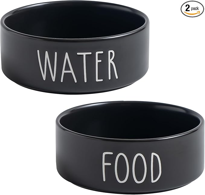Ceramic Dog Bowls Set of 2 - Weighted Dog Dishes with Food & Water Lettering for Cats and Small Dogs, Food Grade Pet Bowl, Dishwasher & Microwave Safe (5.1 inch, 2 * 16oz, Black)