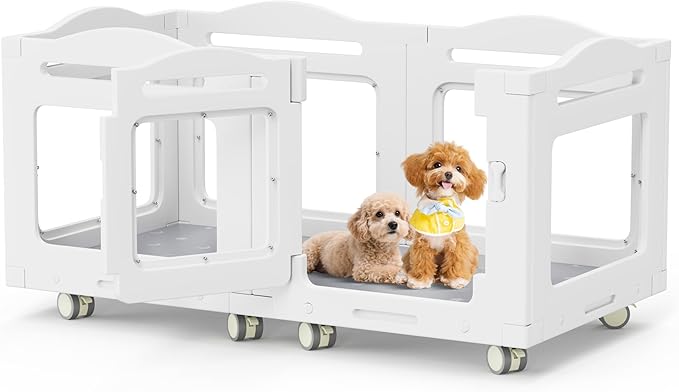 Acrylic Indoor Dog Playpen, Whelping Box with Pet Stroller, Puppy Playpen for Small Medium Pets, Cat Rabbit & Puppies, 6-Panel with Bottom Panel, 8 Wheels, Safe, Sturdy, White