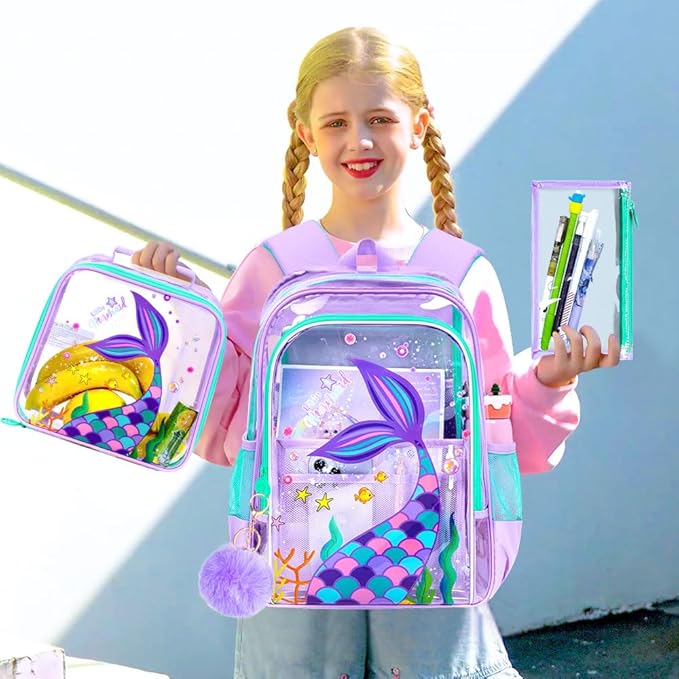 Clear Backpack for Girls and Boys, Kids Transparent Bookbag, 3PCS Cute See Through School Bag for Elementary Prechool