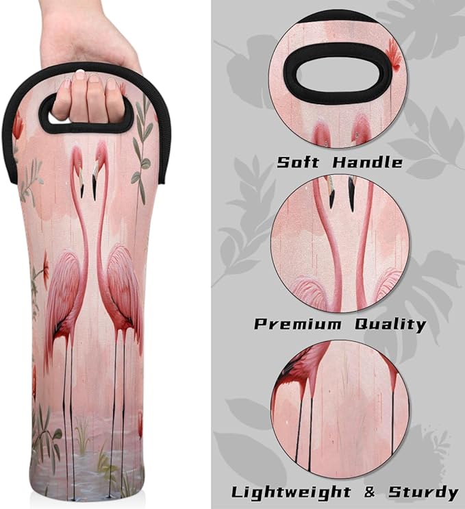 Tropical Bird Flamingo Wine Bag Single Bottle Wine Tote Bag Neoprene Wine Carrier Bags with Carry Handle Portable Wine Bottle Holder for Travel Party Picnic