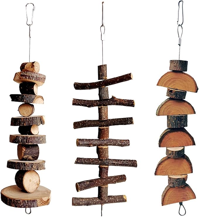 3pcs Small Animal Chews Toy Natural Apple Wood Block Cage Hanging Molars Treats Snack for Hamsters Rabbits Bunny Bird Parrots Chinchilla Guinea Pig Gerbils Squirrels