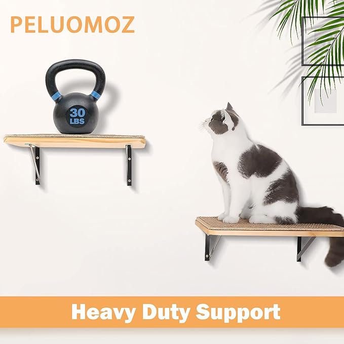 2PCS Cat Wall Shelves with Scratching Mat, 16.6x9.7 Inch Solid Pine Wood Wall Mounted Kitten Floating Shelf, Window Perch Hammock, Cats Wall Furniture for Cats Sleeping, Playing, Climbing