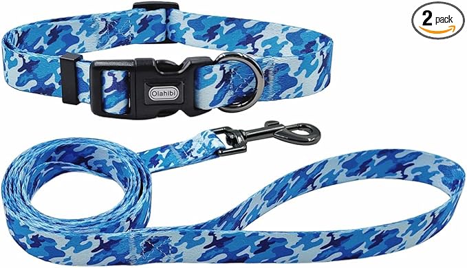 Dog Collar Leash Set, Camouflage Pattern, Polyester Material, Adjustable Collar and 5ft Matching Leash, for Small Dogs.(S, Blue Camo)