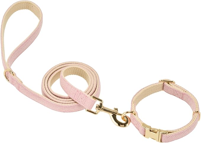 Luxury Soft Cotton Tweed Fabric Dog Collar & Leash Set with Gold Buckle – Durable Fabric, Stylish Design for Everyday Walks(Large Pink)