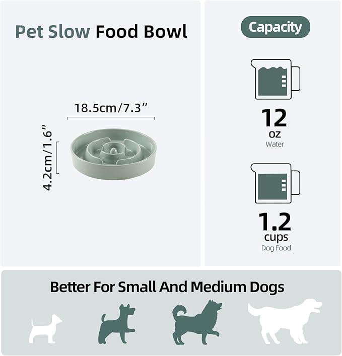 Havniva Ceramic 1.2 Cup Slow Feeder Dog Bowl for Medium and Small Breed, 7.3inch Puzzle Dog Food Dish, Anti-Gulping, Stop Bloat, Preventing Choking (Single Bowl-Light Green)