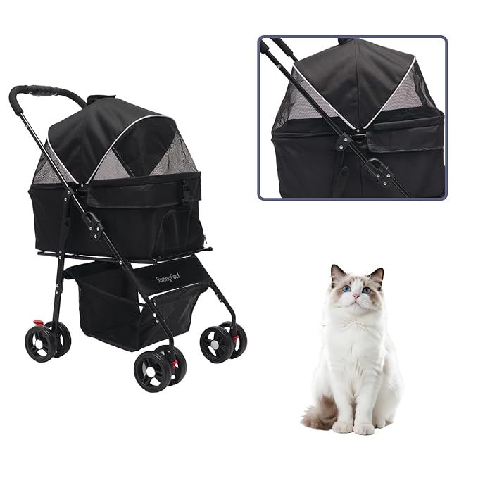 SUNNYFEEL Pet Stroller for Small Dogs and Cats, Iron Two-in-one Split, One-Click Foldable Dog Stroller, Holds up to 45 lbs, Storage Basket & Side Bag, Breathable Mesh, Black-pro