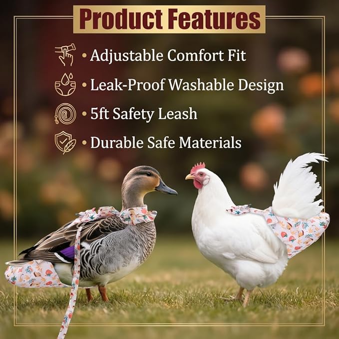 Duck & Chicken Harness with Diapers – Washable Adjustable Elastic Nappy for Poultry (Goose, Hen, Duck) with 5-FT Leash, Comfortable & Leak-Proof (L)