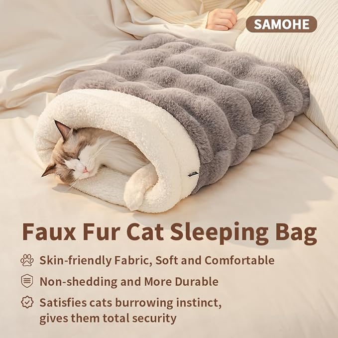 SOMAHE Self-Warming Cat Sleeping Bag, Enclosed Hooded Snuggle Sack with Dual-Side Plush Cat Cave Bed, Portable Foldable Pet Sleeping Pod for Indoor & Travel, Anti-Static, 21.7"x17.7"White