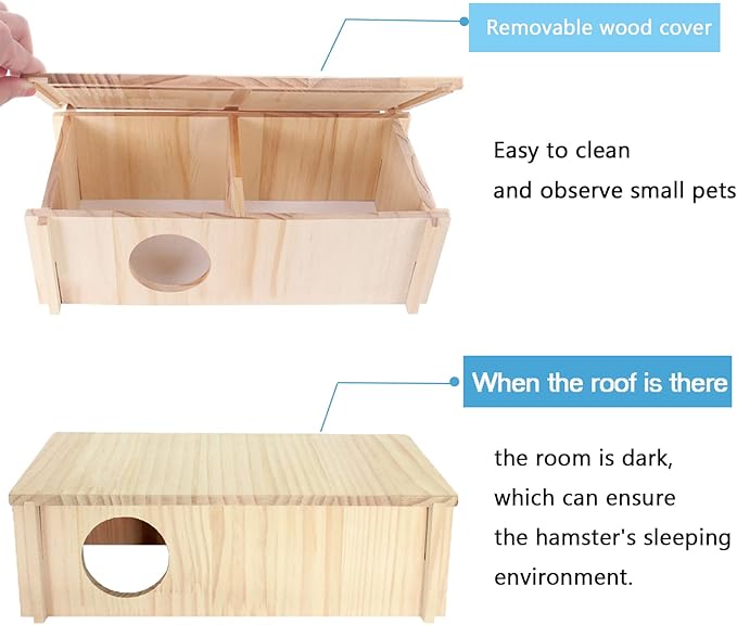 Wood House Hideout 2-Chamber Hamster Wooden Multi-Chamber Habitats Decor for Dwarf Chinchilla Mice Gerbils Mouse and Other Small Rodents