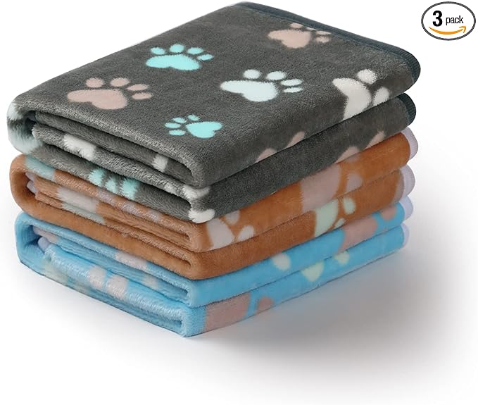 Luciphia 1 Pack 3 Blankets Fluffy Premium Fleece Pet Blanket Flannel Paw Printed Throw for Dog Cat(Small 23x16'', Grey/Brown/Blue)