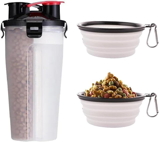 Dog Travel Water Bottle W/Collapsible Bowls - Portable 2 in 1 Leakproof Pet Water Bottle Food Container Ideal for Travel, Outdoor Portable Water Bowls for Walking, Camping & Hiking - (White)