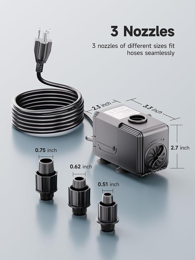 580GPH Amphibious Submersible Water Pump,2200L/H 25W Ultra Quiet Pond Pump Outdoor with 7.2ft High Lift, Adjustable Flow Control &3 Nozzles for Fish Tank, Pond, Fountain, Waterfall, Hydroponics