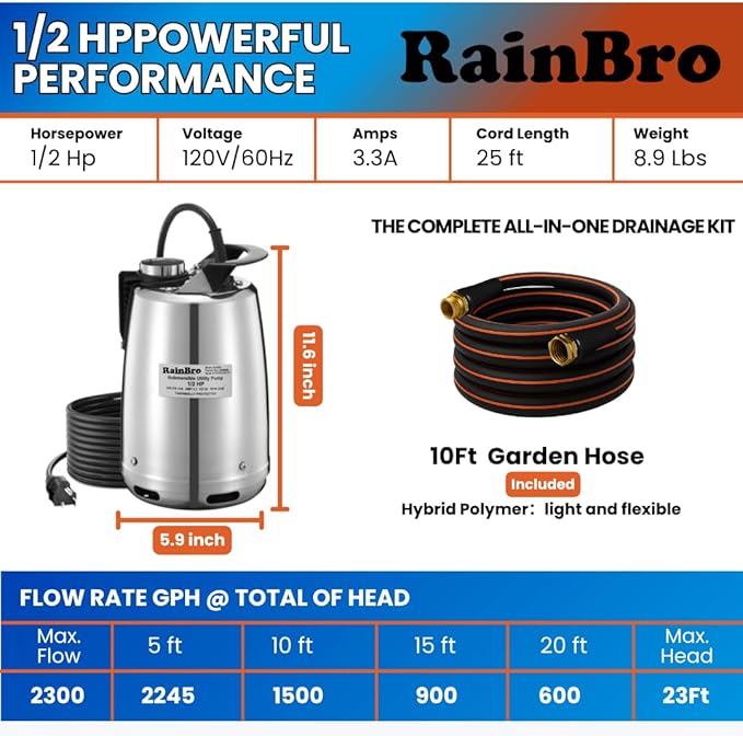Submersible Sump Pump 1/2 HP 2300 GPH, Water Pump with Hose for Pool Draining, Portable Submersible Pump Handles Clean & Dirty Water, 25ft Power Cord, 3/4" GHT Adapter