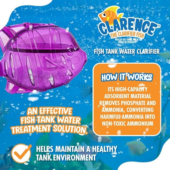 Clarence the Clarifier Fish - 2 pk, Purple - Aquarium Treatment, Clear Cloudy Fresh-Saltwater, Fish-Plant Safe, 10gal Tank Maintenance Each