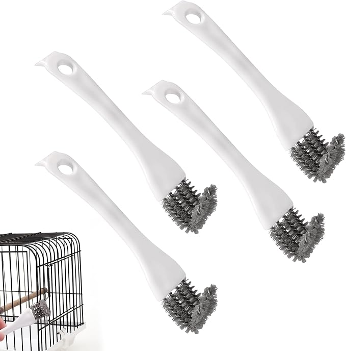 4pcs Bird Cage Cleaner with Long Handle, Stainless Steel Kennel Parakeet Bird Perches Remover Guinea Pig Cage Cleaning Brush Efficient Parrot Dropping Supplies for Budgie Cockatiel Small Pets