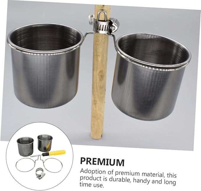BESPORTBLE 1set Stainless Steel Parrot Feeder Cup Clamp Hanging Food Water Bowl for Birds Easy to Clean Accessory for Birdcage Feeding