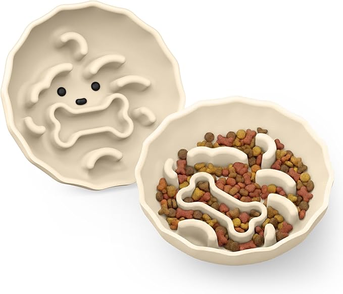 Slow Feeder Dog Bowls Made of Premium Food-Grade Silicone, Anti-Choking & Slow Eating for Improved Digestion, Non-Slip, Soft & Durable, Quiet Dog Bowl, Cute, Dishwasher Safe (Ivory, Doggy)