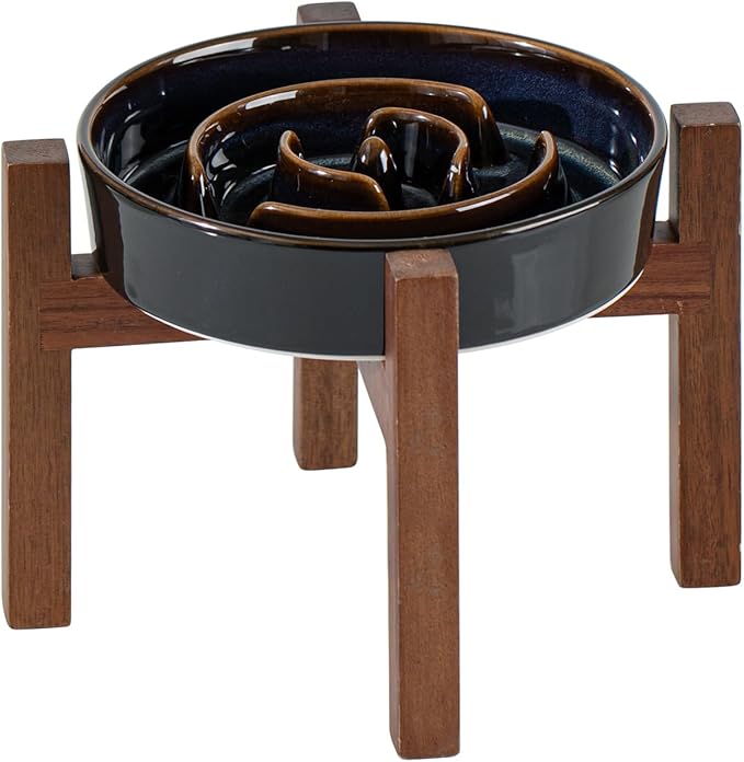 Havniva Elevated Slow Feeder Dog Bowls, 1.2 Cups Raised Ceramic Dog Food Bowls with Acacia Wood Stand, 7.3 inch Slow Feeder for Small Dogs Puzzle Bowls for Fast Eater Anti-Choking
