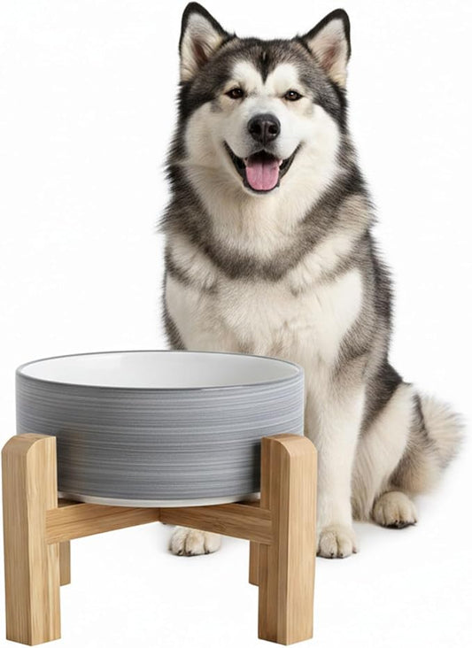 hjn Elevated Ceramic Dog Bowl with Bamboo Stand, Raised Pet Feeding Station for Small Medium Dogs Cats, Modern Design with Anti-Slip Base (White Gray, 7.6Cup)