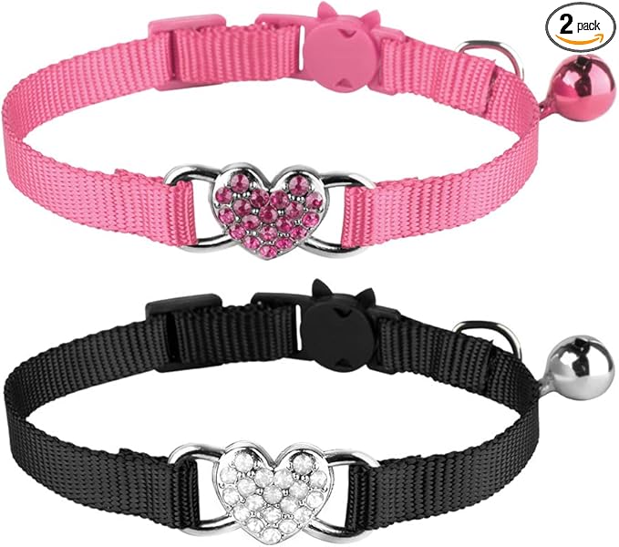 Mtliepte 2 Pcs Cat Collars Heart Bling Breakaway with Bell Nylon Adjustable for Kitty(Black+Pink)