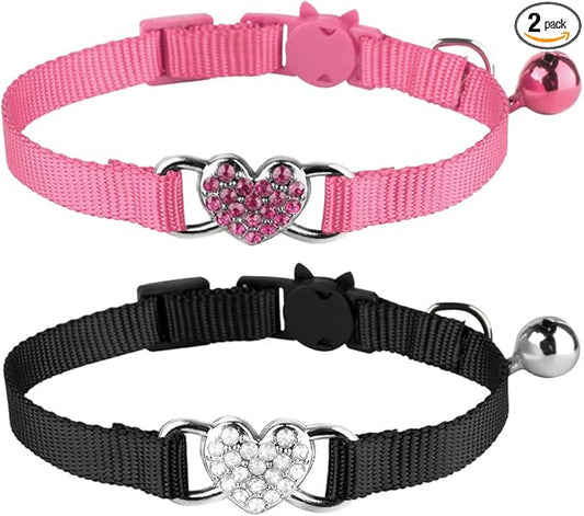 Mtliepte 2 Pcs Cat Collars Heart Bling Breakaway with Bell Nylon Adjustable for Kitty(Black+Pink)