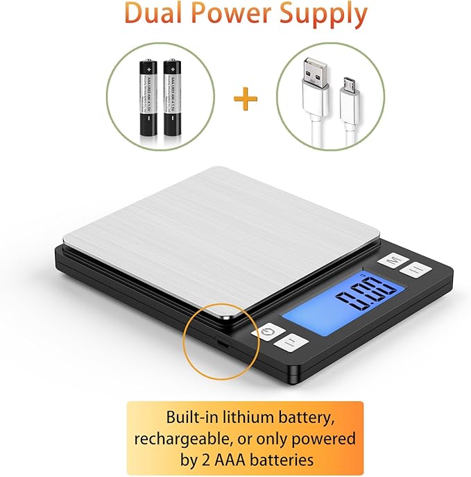 BOMATA 0.01g/1kg Upgraded Small Digital Scale, USB Rechargeable, with Larger Display and Hold,Tare Function, 9 Units, High Precision Digital Scale Grams and oz for Small Item, Kitchen…Grey