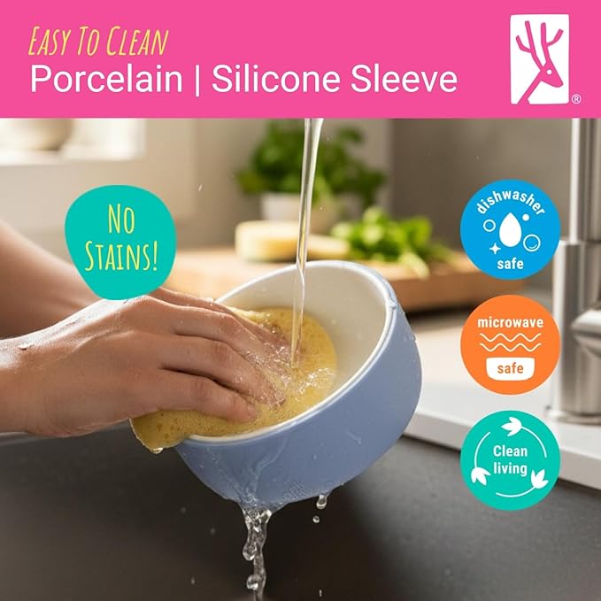Elk and Friends Kids Porcelain Bowls with Silicone Suction Sleeves | Suitable for Babies/Toddlers | Microwave & Dishwasher Safe | Stay Put Dinnerware | Snack Dishes | 4 Pack
