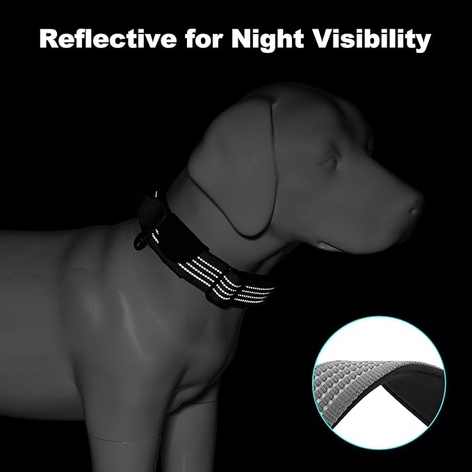 Plutus Pet Tactical Dog Collar with Tracker Pocket for AirTag, Adjustable Reflective Nylon Collar, Metal Buckle, Leather-Wrapped Handle, Soft Padded for Medium Large Dogs (Gray, L)
