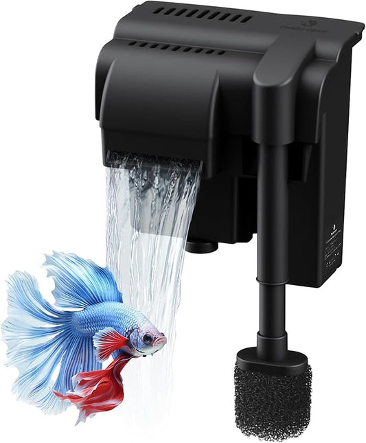 fishkeeper 5W 120GPH Ultra-Quiet Hang On Back Aquarium Filter, <28dB Whisper 4-Stage Biochemical Fish Tank Filter with Waterfall Oxygenation for 5-20Gal Fresh/Saltwater Tanks, w/Two Free Cartridges