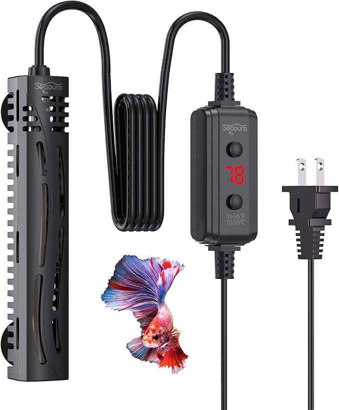SEAOURA Small Aquarium Heater, 50W Mini Fish Tank Heater, Adjustable Submersible Aquarium Heater with External Digital Controller for Turtle, Betta, Freshwater, Saltwater, 5-15 Gallon