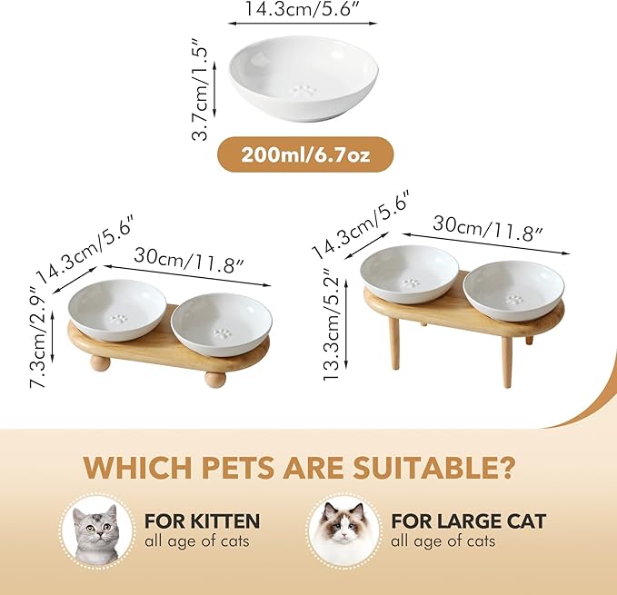 Havniva Elevated Cat Bowls, Ceramic Cat Food Bowl Whisker Friendly Cat Dishes, Kitten Food & Water Bowl with Two Heights Stand, Anti-Slip Raised Cat Food Plates