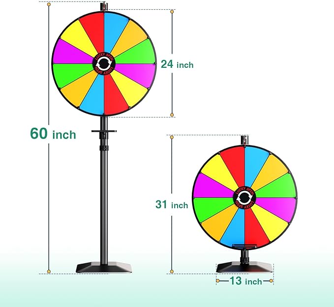 24" Prize Wheel - Dual Use Tabletop or Height Adjustable Floor Stand Heavy Duty Spinner Wheel of Fortune with 12 Slots & Dry Erase & Eraser for Carnival, Trade Show, Fortune Spinning Game