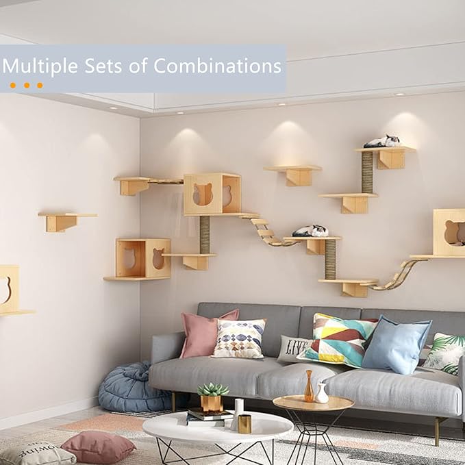 Cat Wall Shelves/Furniture, Shelves, Perches and Steps Set with 2 Cat Condos House, 6 Shelves, 2 Ladder, 1 Sisal Cat Scratching Post
