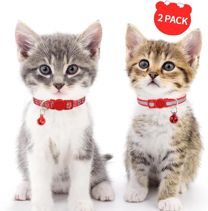 Taglory Kitten Collar Breakaway with Bell, Reflective Soft Cat Collar for Small Kittens, Adjustable 6-8 Inch High Visibility Night Strip, Lightweight for 2-6 Months Baby Cats, 2 Pack, Red
