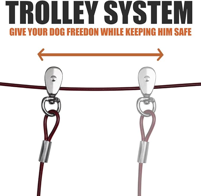 BV 60ft Aerial Pet Trolley System with 10ft Pulley Lead - Heavy Duty Dog Tie Out for Yard up to 125 lbs, Reflective Run Cable (Not a Leash, Bare End)