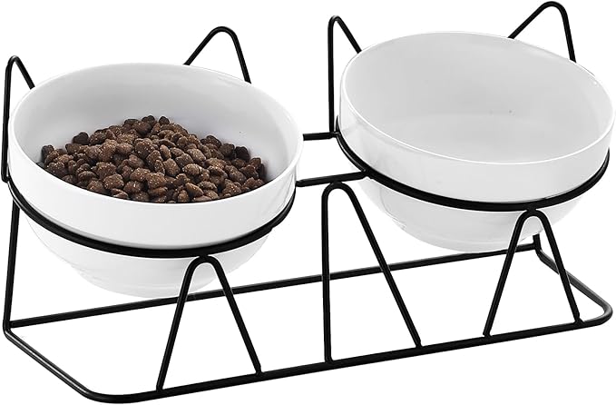 Elevated Cat Food Bowl,Ceramic Raised Water Bowl for Indoor Cats, 15°Tilted Metal Stand Anti Vomiting and Protect Spines,Whisker Fatigue Feeding Dishes,Non-slip and Dishwasher Safe