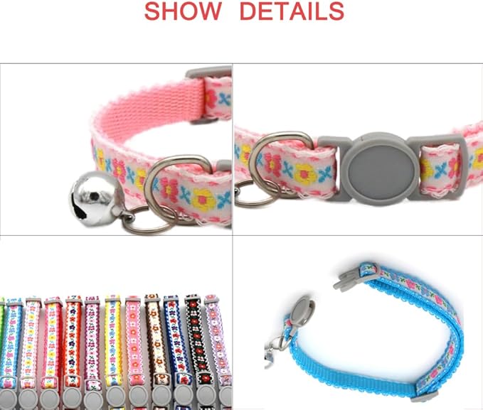 Black Cat Collar Breakaway with Bell, Break Away Kitten Collar with Bells, Cute Flower Tiny Dog Collar for XXS Xs Little Pet Dogs, Neck 7.5-12inch