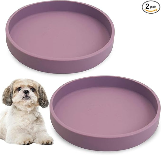 Silicone Dog Bowl Shallow Cat Food Bowls 7in Flat Puppy Plates Cute Whisker Fatigue Pet Feeding Dishes Set of 2 for Dry and Wet Food Indoor (Round Purple)