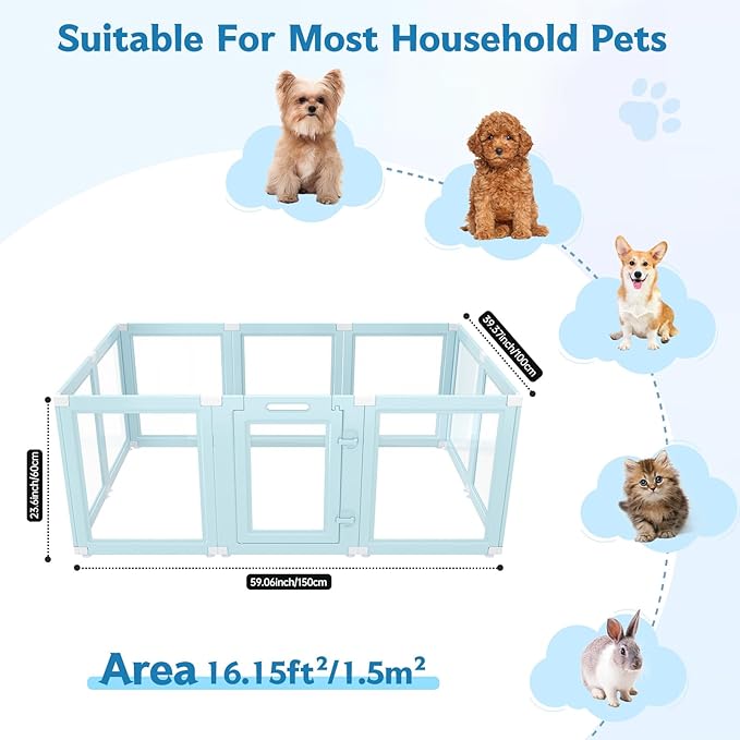 DIY Clear Acrylic Dog Playpen Indoor, Transparent Easy Cleansing Puppy Fence with Suction Cup, Easy-Assemble Indoor Whelping Crate for Small Puppies (23.6" H, 10PCS), Blue