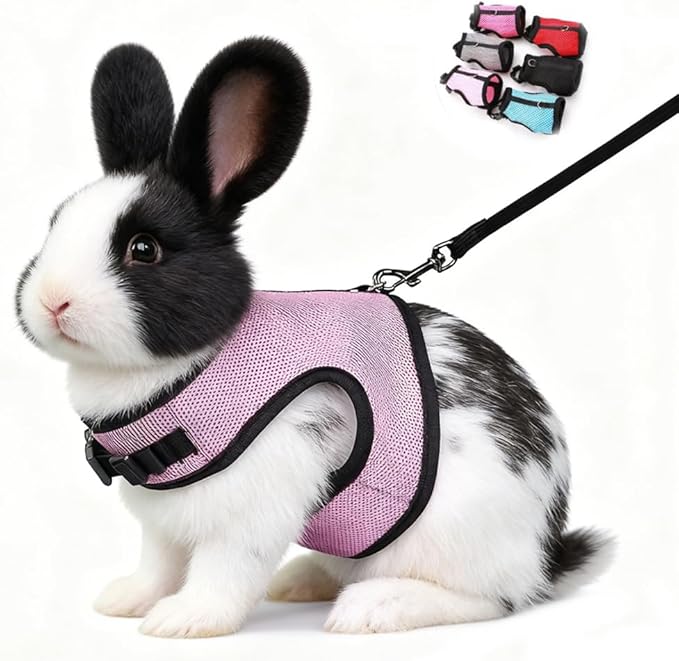 Rabbit Harness and Leash Escape Proof,Soft Bunny Mesh Vest Adjustable Buckle for Ferret Guinea Pig Hamster Walking Small Animal Pets Rat, Pink L