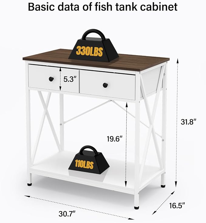 Fish Tank Stand with Drawer,20-29 Gallon Aquarium Stand Easy Assemble | Stable Metal Frame, 2-Tier Breeder Reptile Terrarium Stand Fits Office Home,30.7"x16.5" MDF Tabletop, 330lbs Capacity, White