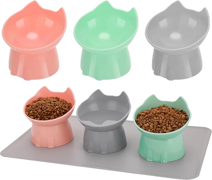 3 Pcs Elevated Cat Bowls 15°Raised Cat Food Bowl with Silicone Mat Whisker Friendly Anti Vomiting Cats Dishes Pet Food and Water Bowls for Indoor Cats Kittens, Pink, Green, Gray