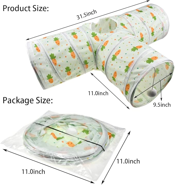 Bunny Rabbit Tunnels Rabbit Cat 3 Way Collapsible Tunnel with Cute Carrot Patterns Small Pet Hideout Activity Tunnel Tube Toy for Bunny Kitten Cat Dwarf Guinea Pig T Shape