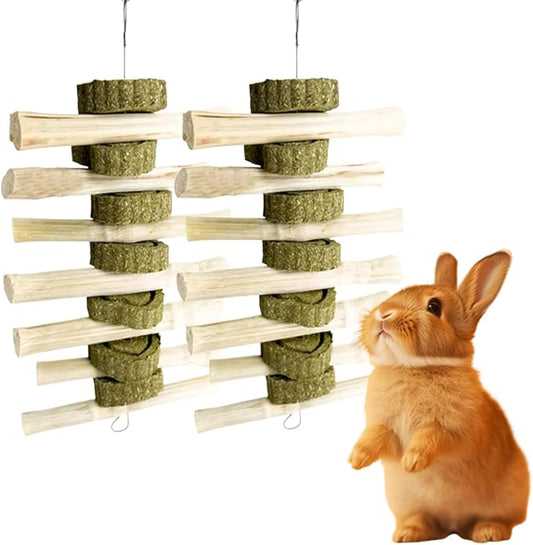 MANON ROSA 2 Pcs Natural Bunny Chew Toys for Dental Health - Apple Wood Bamboo Timothy Grass Sticks Grinding Treats for Rabbits Guinea Pigs Chinchillas Hamsters (Sweet Bamboo)